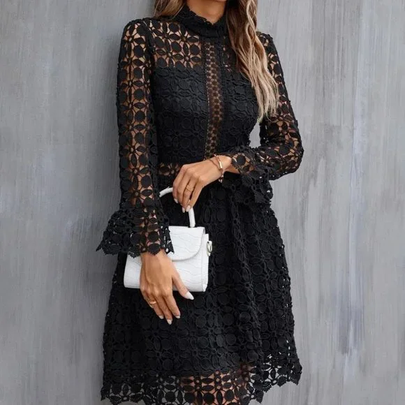 Mock Neck Flounce Sleeve Lace Dress black - Picture 2 of 6